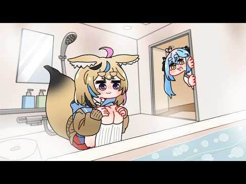 【手描き】熱いお風呂が溜まるのを見ていたポルカ【ねぽらぼ/尾丸ポルカ/雪花ラミィ/獅白ぼたん/桃鈴ねね/hololive/切り抜き】
